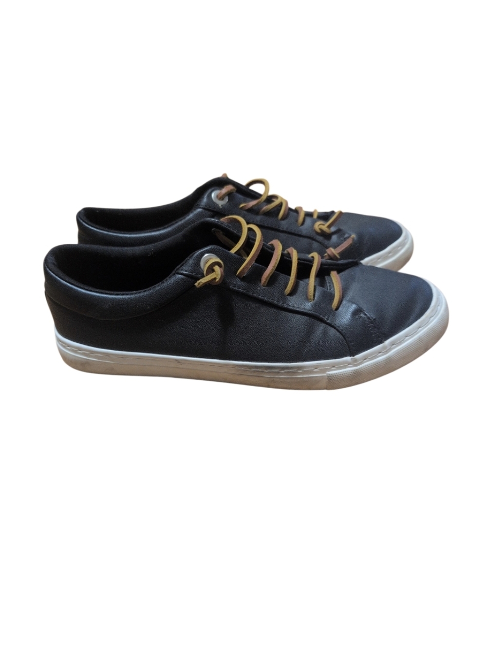 M&S Marks & Spencer Black Leather Sneakers UK 5 White Sole Casual Lace-Up Train
